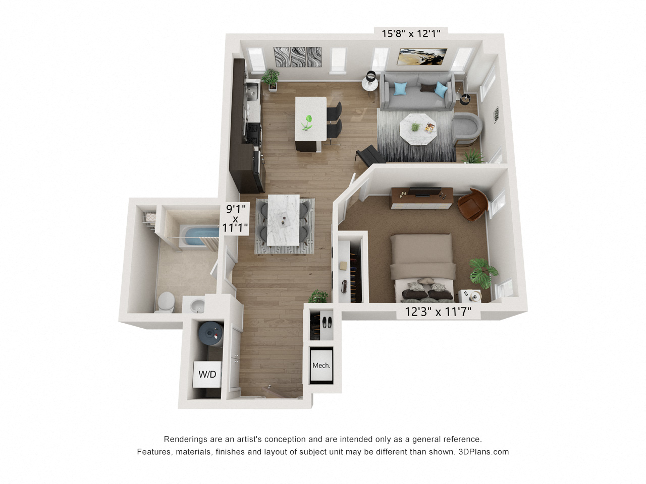 Floor plan for 1 bed, 1 bath, 887 sqft